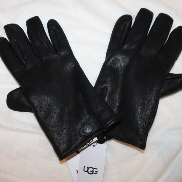 NWT UGG MEN'S BUTTON TECH ENABLED LEATHER TOUCH SMART‎ GLOVES BLACK - Picture 1 of 4